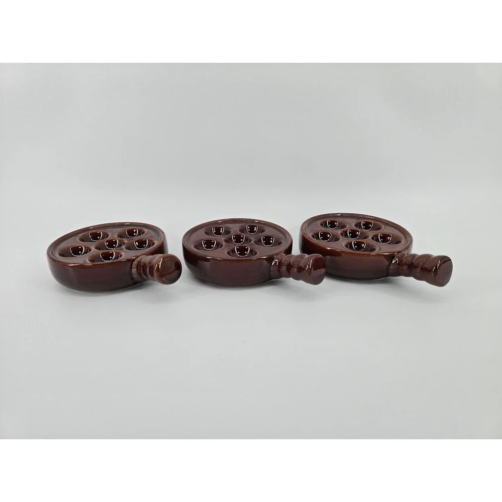 Vintage Brown Glazed Ceramic Escargot Baking Dishes 6 Hole Snail Pans Set of 3